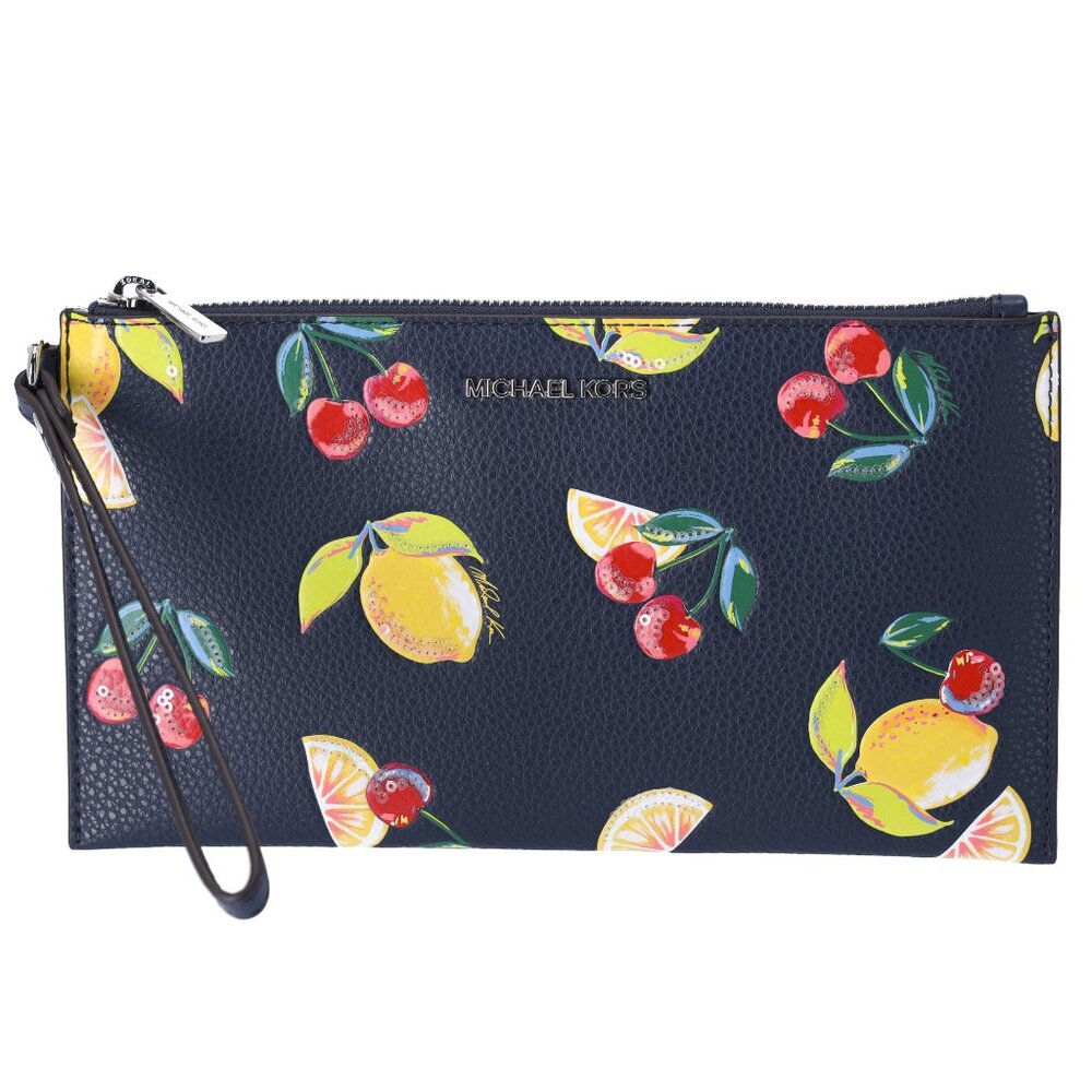 Michael Kors Jet Set Travel Large Top Zip Wristlet Clutch Navy Fruit Handbag - Picture 2 of 4